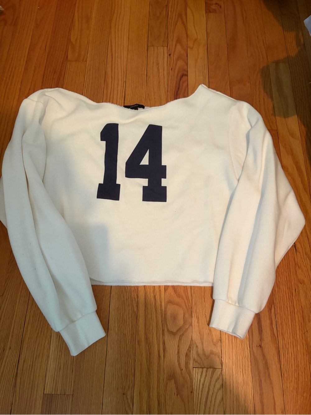 Forever 21 White Cropped Sweatshirt with Navy '14' Graphic